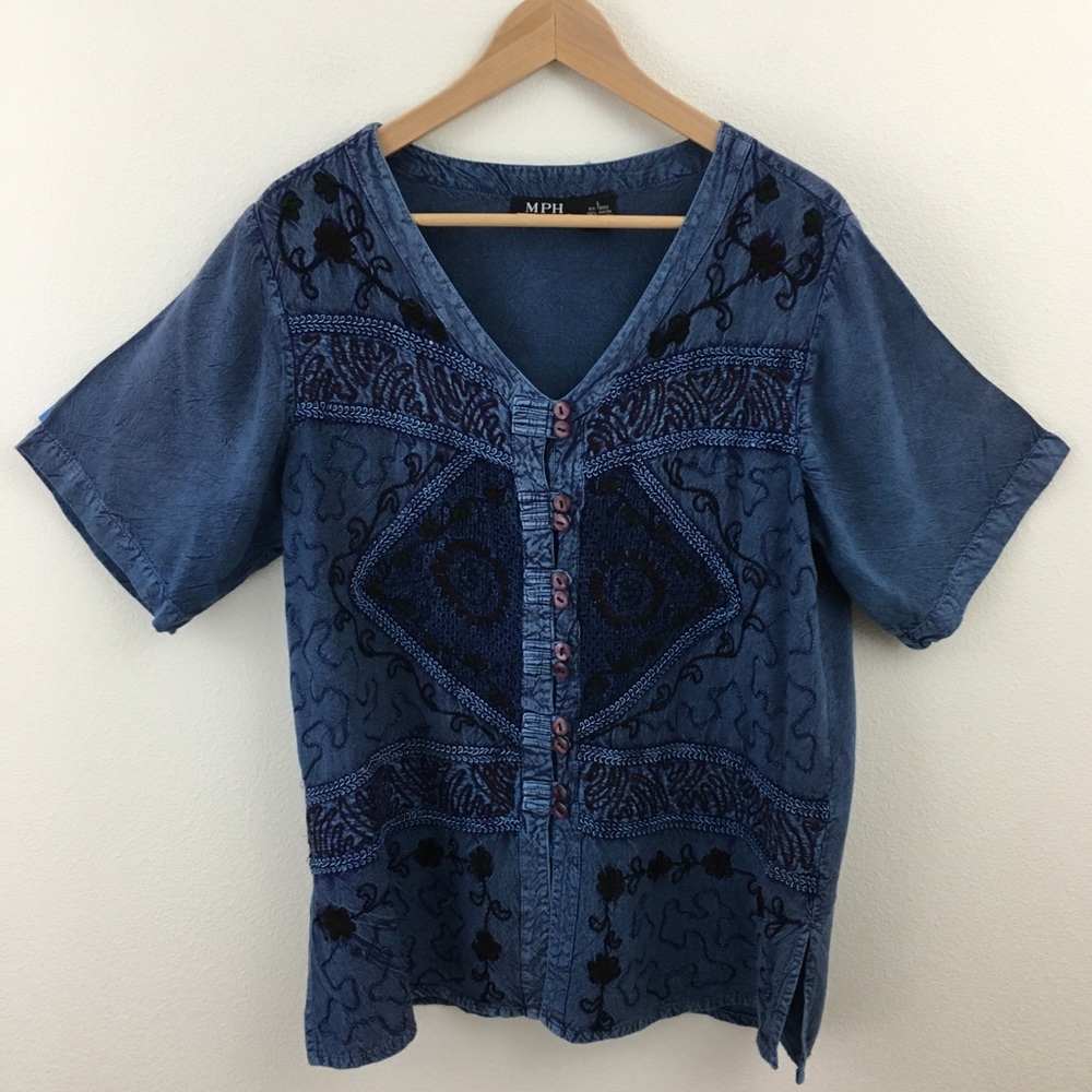Blue Short Sleeve Embroidered Boho Blouse